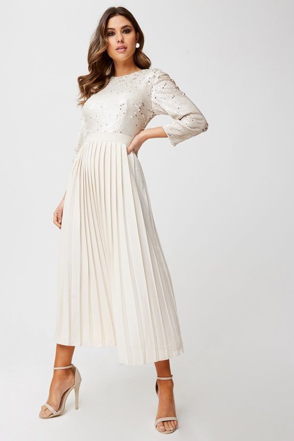 Leila Cream And Gold Sequin Pleated Midaxi Dress size: