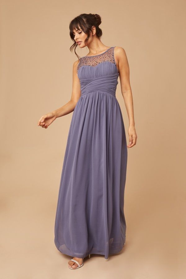 Grace Lavender Grey Embellished Neck Maxi Dress size: