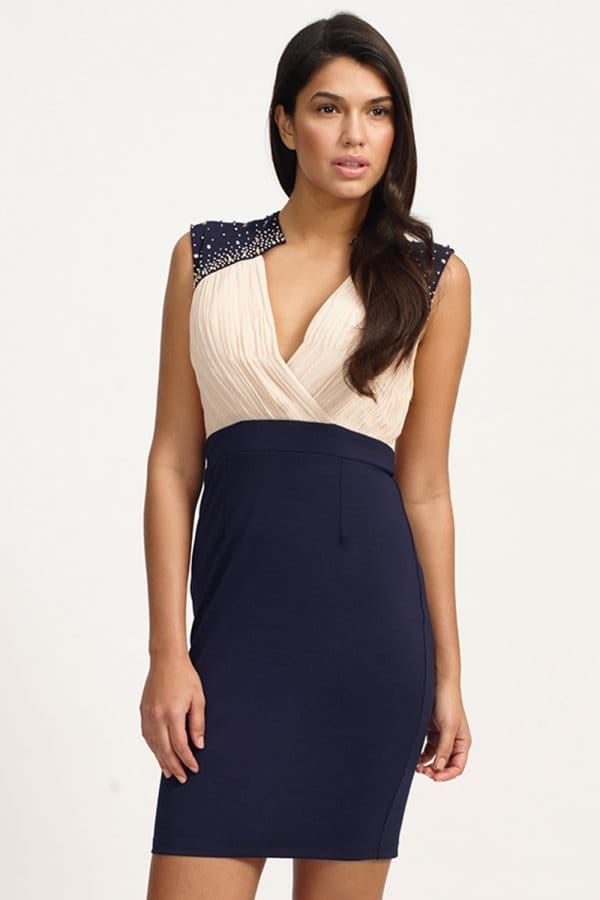 Cream & Navy Embellished Crossover Bodycon Dress s