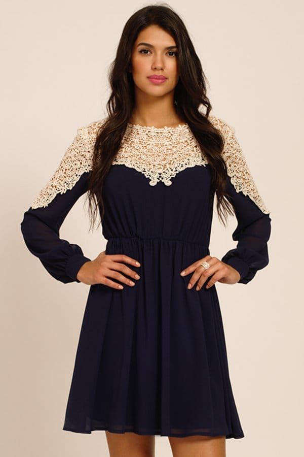 Navy And Cream Lace Panel Detailing Long Sleeve Dress