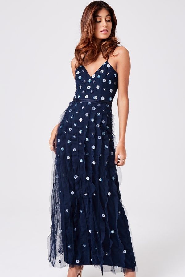 Luxury Jana Floral Hand Embellished Sequin Navy Maxi D