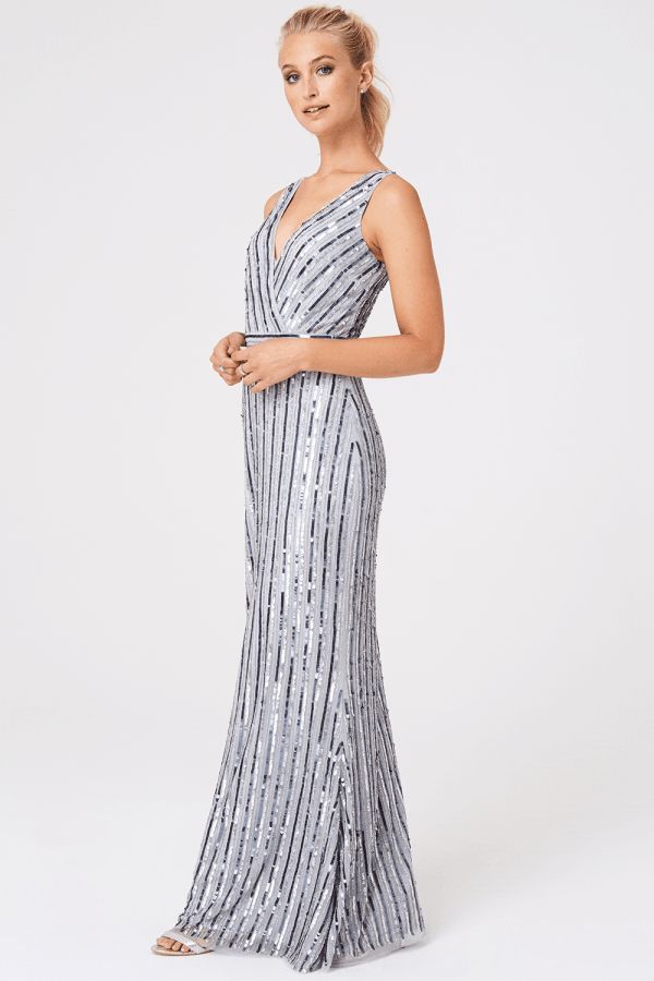 Evalina Hand Embellished Sequin Stripe Maxi Dress size