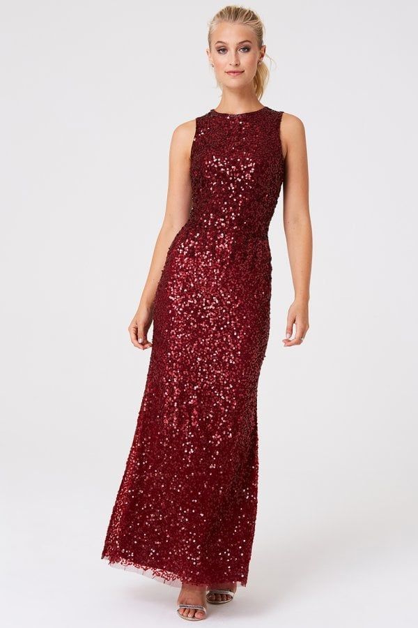 Illaria Red Ombre Hand Embellished Sequin Maxi Dress s