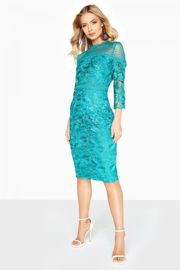 Ella Guipure Lace Pencil Dress With Stand Collar size: