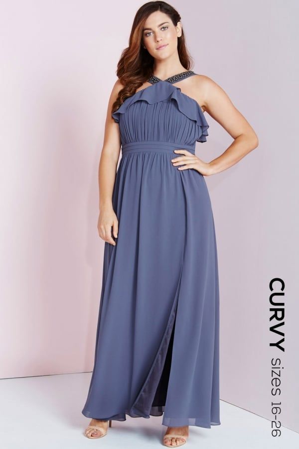 Lavender Grey Maxi Dress With Ruffle size: 16 UK, colo