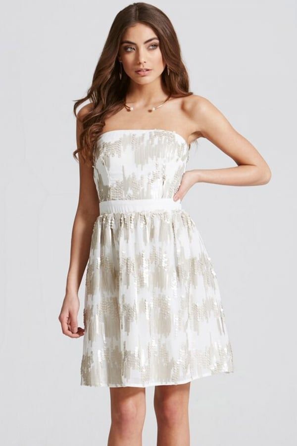 Cream Sequin Bandeau Fit and Flare Dress size: 6 UK, c