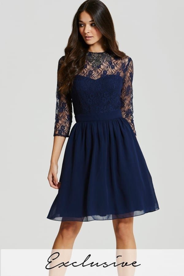 Blue Sheer Lace Prom Dress with Embellished Neckline s