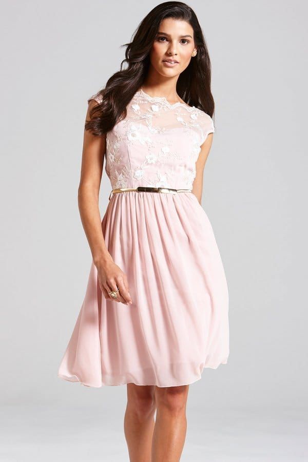 Pale Pink Floral Embroidered Fit and Flare Dress size: