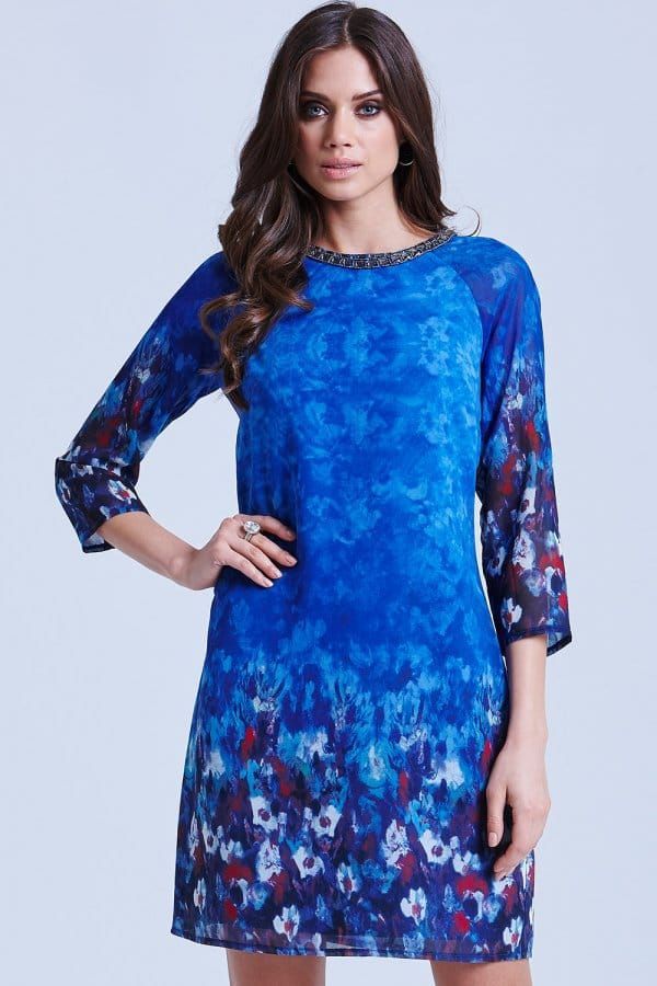 Blue Water Paint Floral Tunic Dress size: 8 UK, colour
