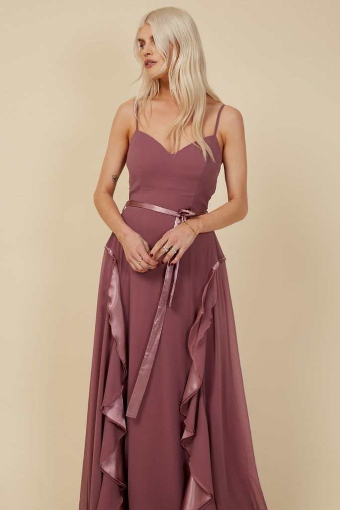Bridesmaid Mariah Mauve Draped Frill Maxi Dress size: