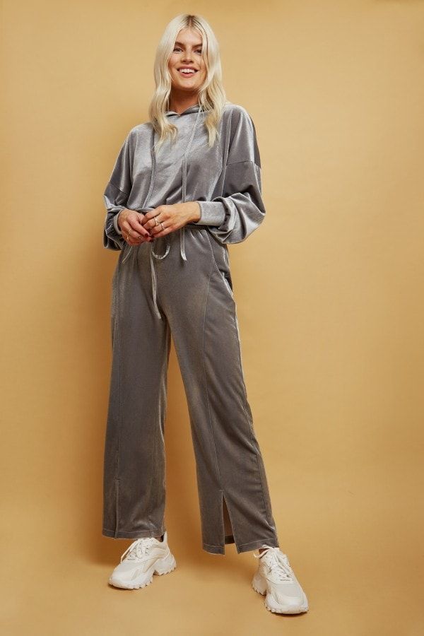 Brynn Silver Velvet Hoodie And Wide-Leg Trousers Loung
