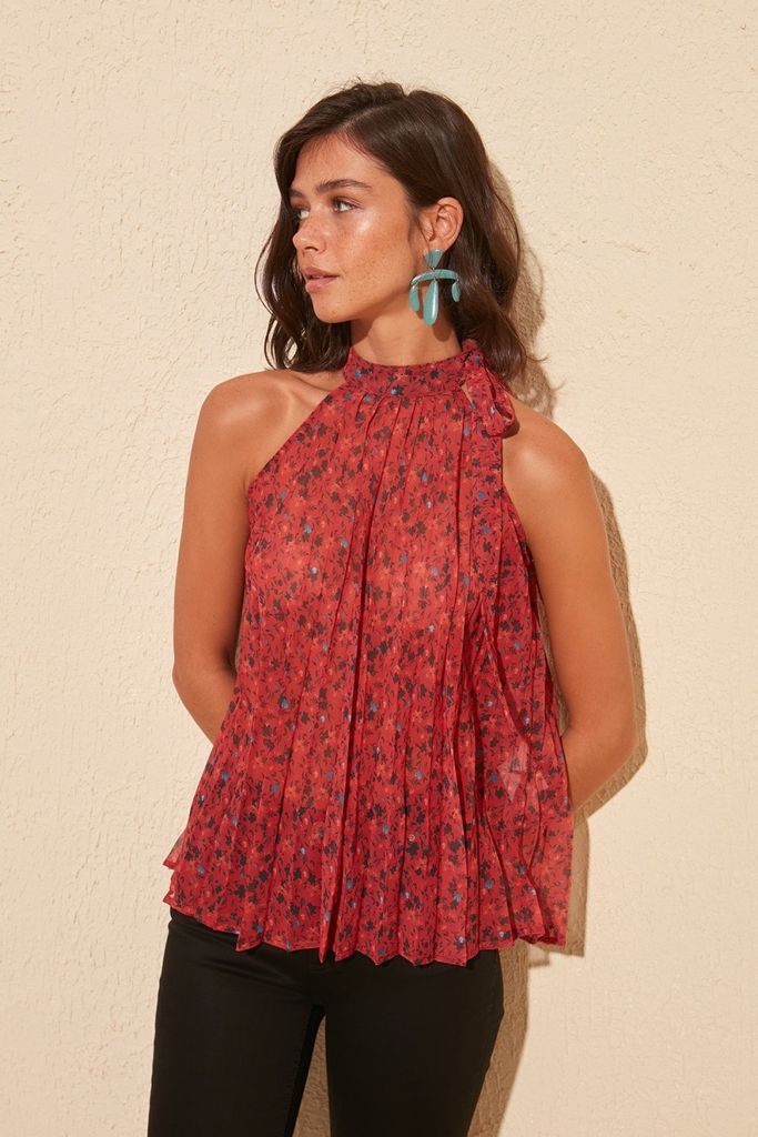 Red Floral Pleated High Neck Tie Blouse size: 10 UK, colour: