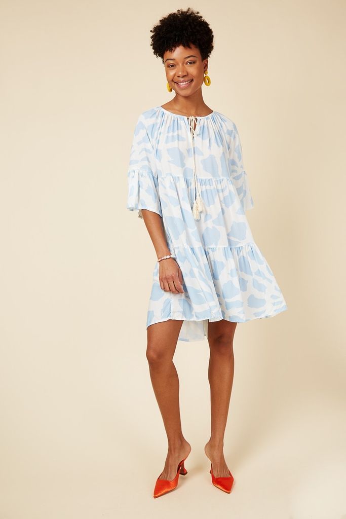 Blue Printed Smock Tunic Dress with Tye Neck Detail  size: One Size, c