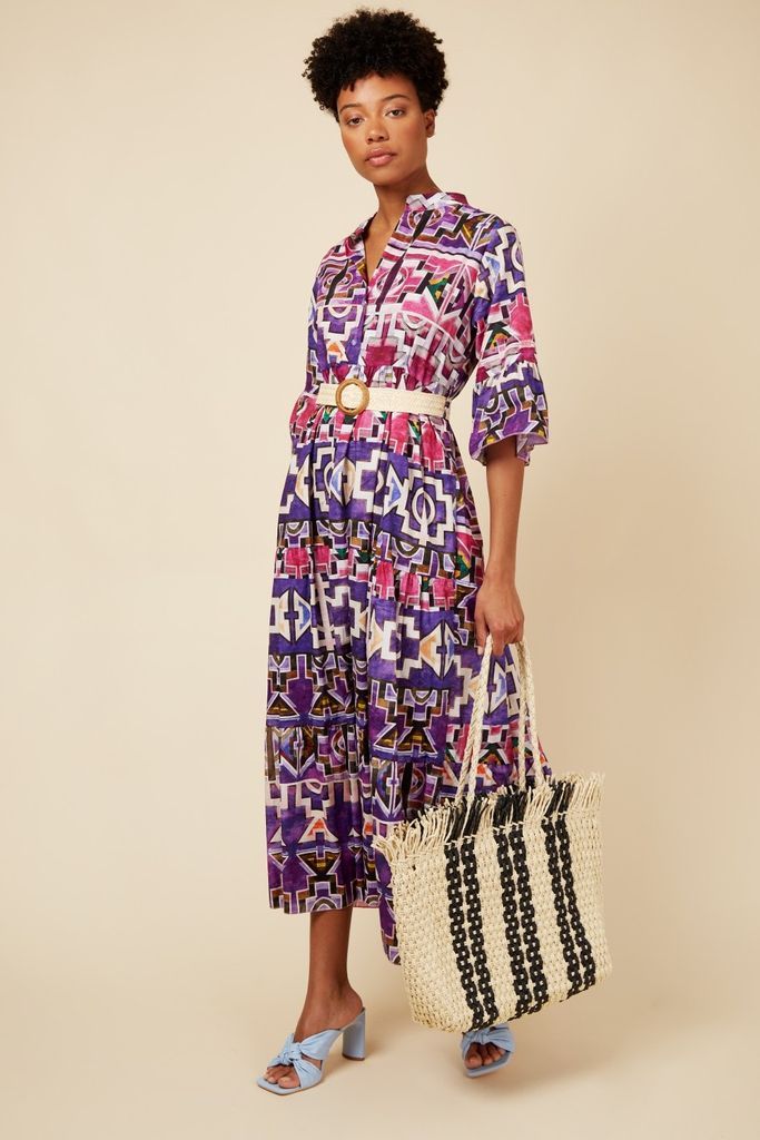Purple Aztec Printed Maxi Shirt Dress with Belt size: One Size, colour