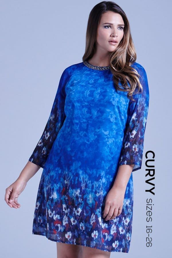 Curvy Blue Water Paint Floral Shift Dress size: