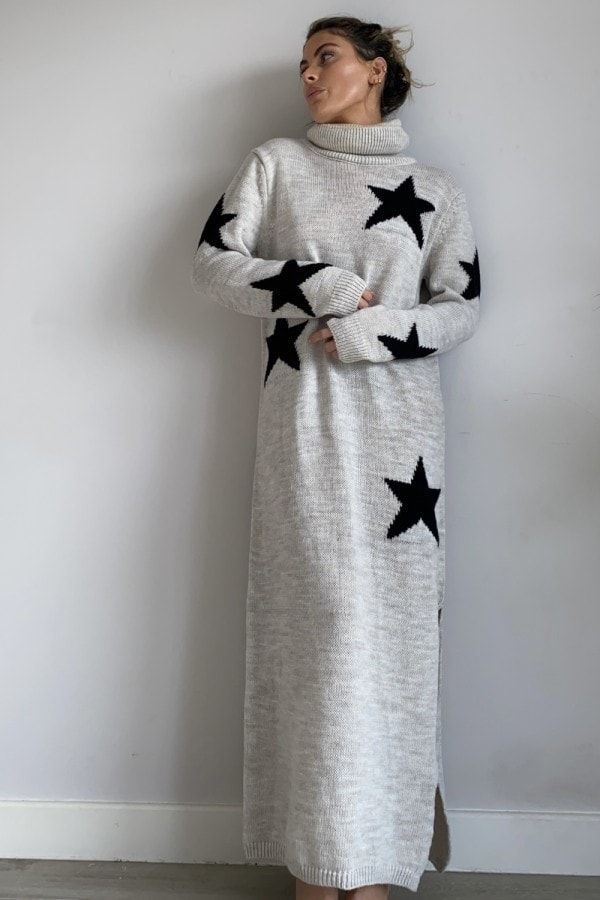 Beige Star-Print High-Neck Jumper Dress size: ONE SIZE, colour: Beige