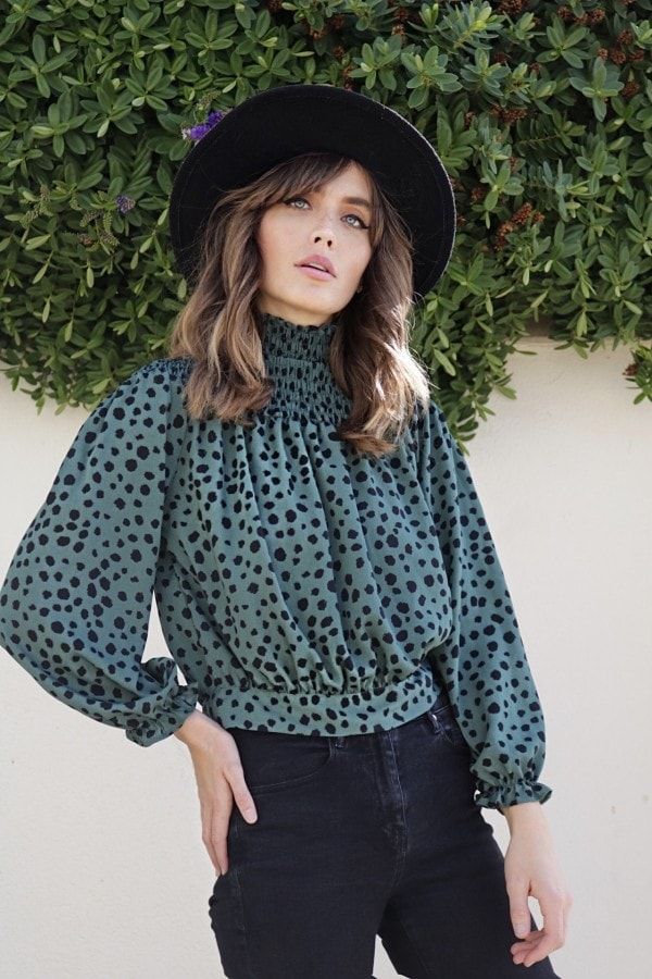 Green Dalmatian High Neck Bell Sleeve Blouse size: ONE SIZE, colour: G