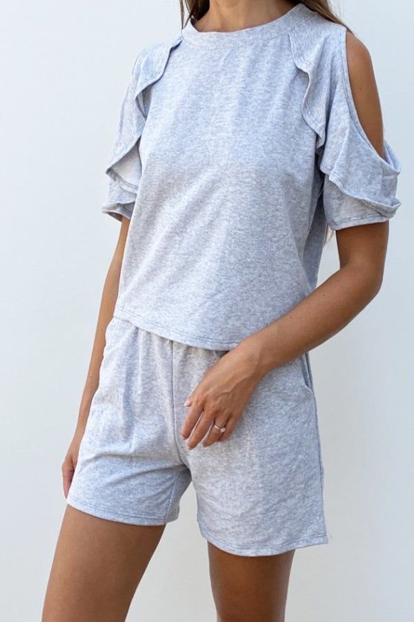 Cold Shoulder Frill Loungewear Co-ord  In Grey size: ONE SIZE, colour: