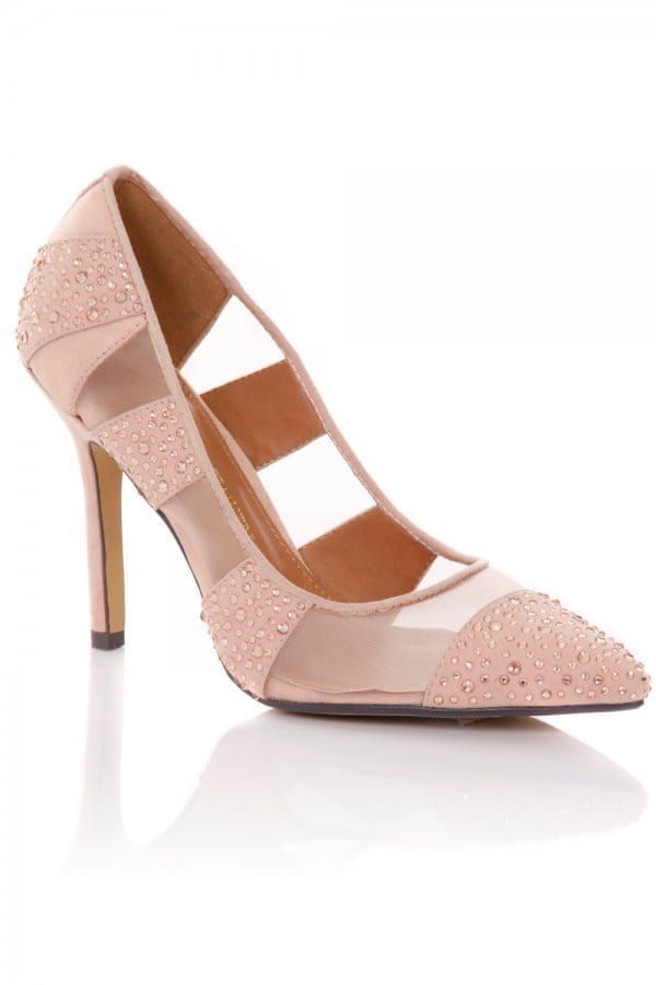 Nude Mesh Diamante Pointed Court Shoe size: F