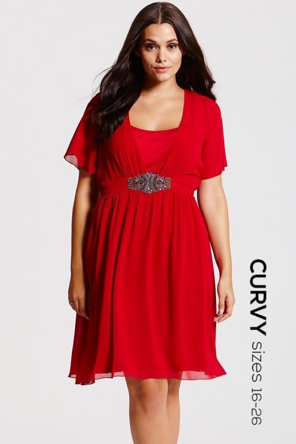 Red Embellished Chiffon Dress size: 16 UK, colou