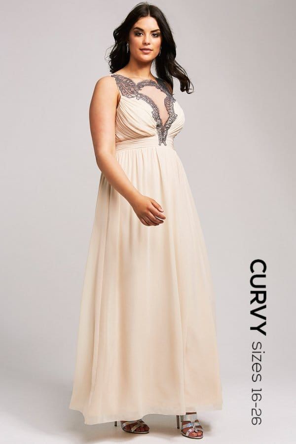 Cream Chiffon Mesh Insert Maxi Dress size: 16 UK