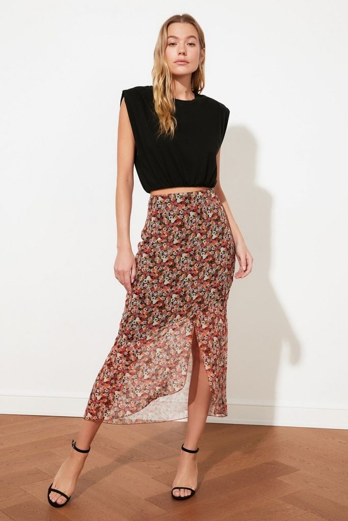 Floral Midi Skirt With Split size: 6 UK, colour: Multi