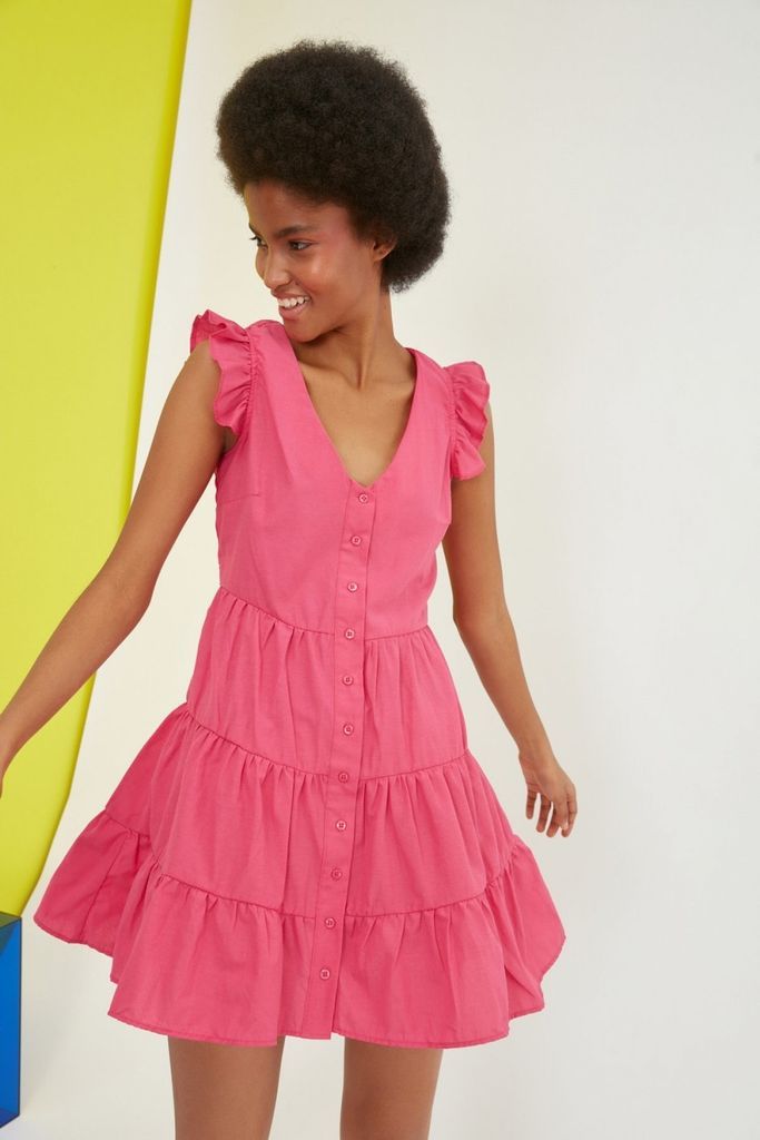 Pink Smock Button Down Dress With Frill Shoulder size: 6 UK,