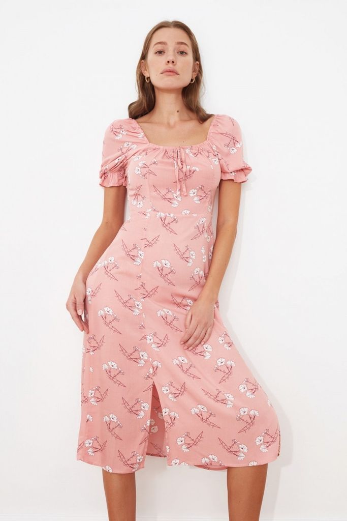Pink Floral Puff Sleeve Milk Maid Midi Dress size: 6 UK, colo