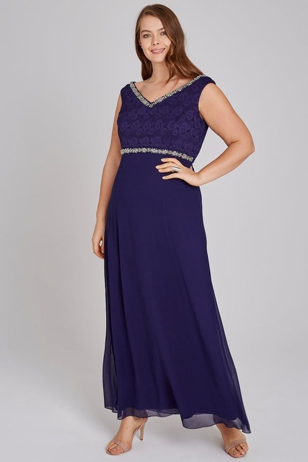 Drew Navy Lace Top Maxi With Hand-Embellishment