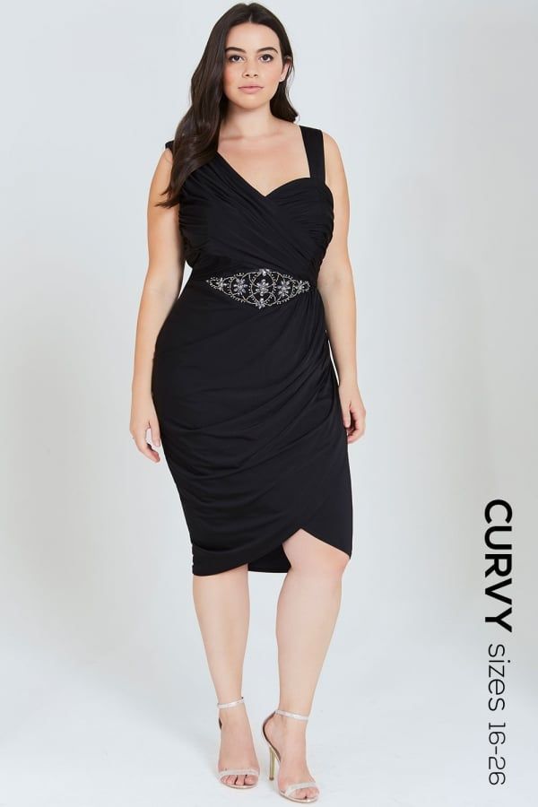 Black Ruched Midi Dress With Embellished Waist s