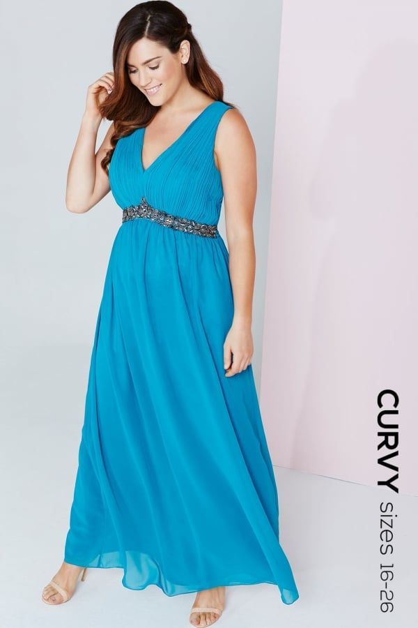Turquoise Embellished Waist Maxi Dress size: 16