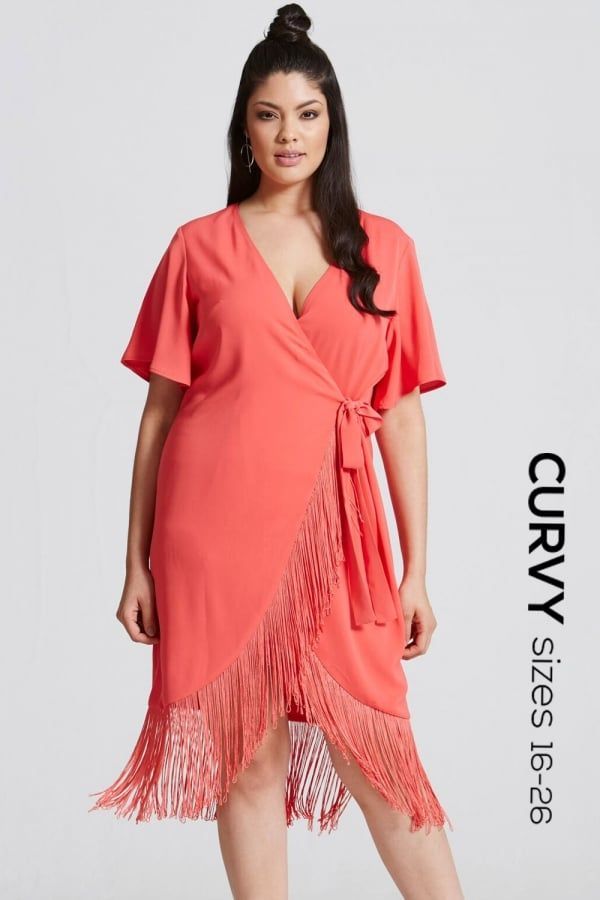 Coral Tassel Wrap Dress size: 16 UK, colour: Coral