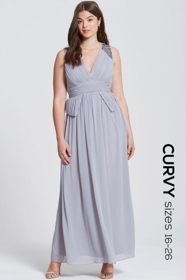 Grey Plunge Peplum Maxi Dress size: 16 UK, colou