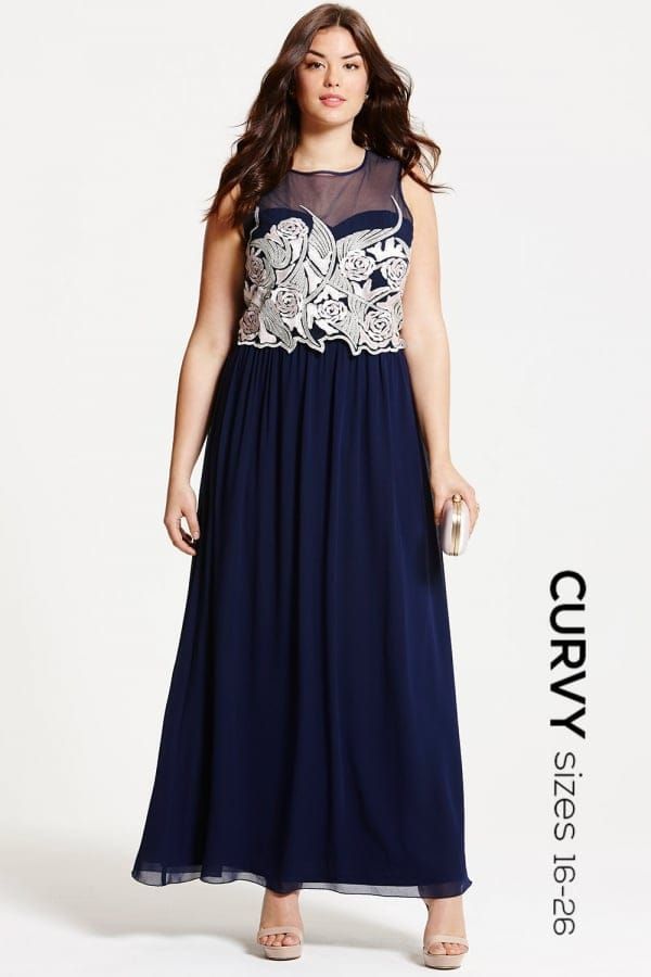 Navy Embroidered Maxi Dress size: 16 UK, colour: