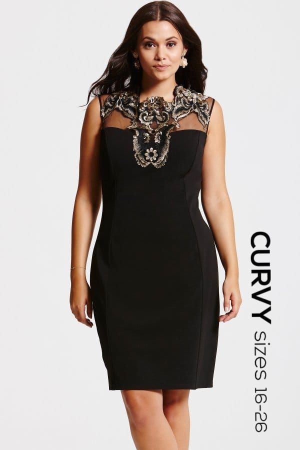 Curvy Black and Gold Applique Fit and Flare Dres