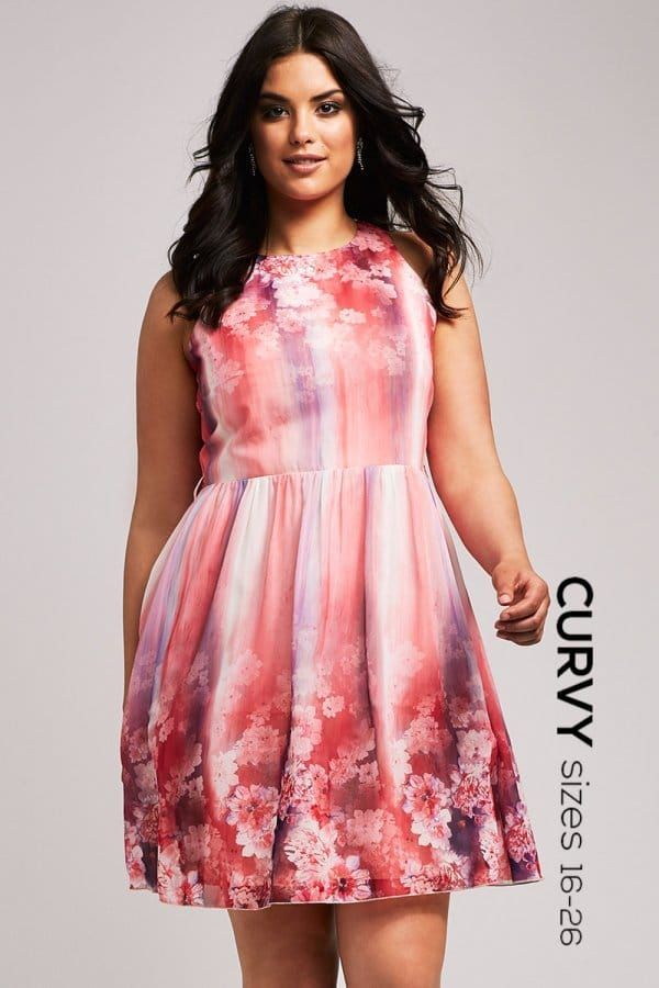 Pink Floral Fit and Flare Dress size: 16 UK, col