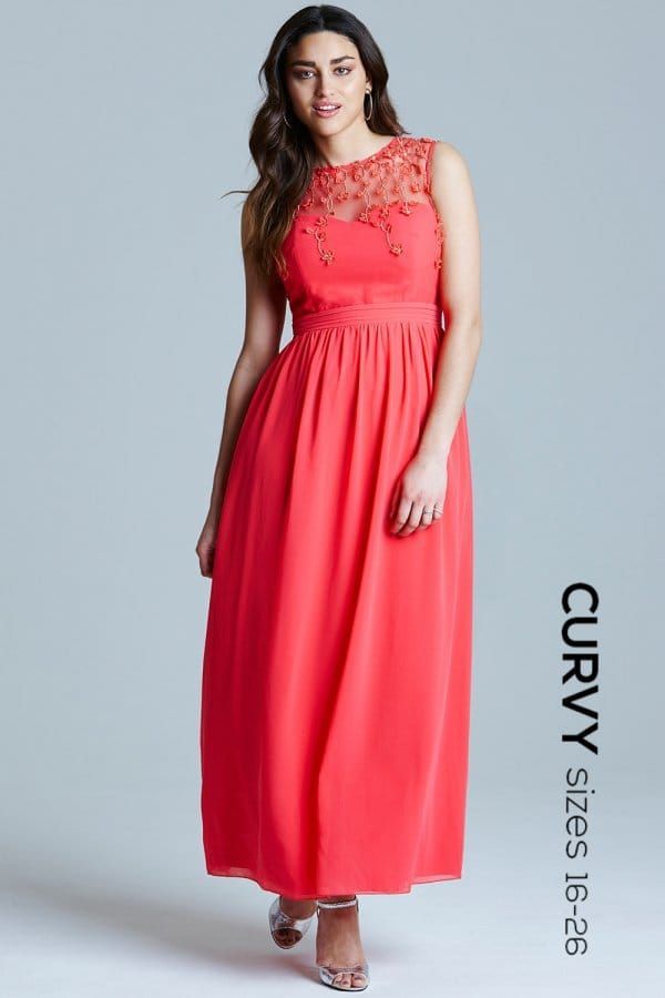 Coral Mesh Overlay Embroidered Maxi Dress. size: