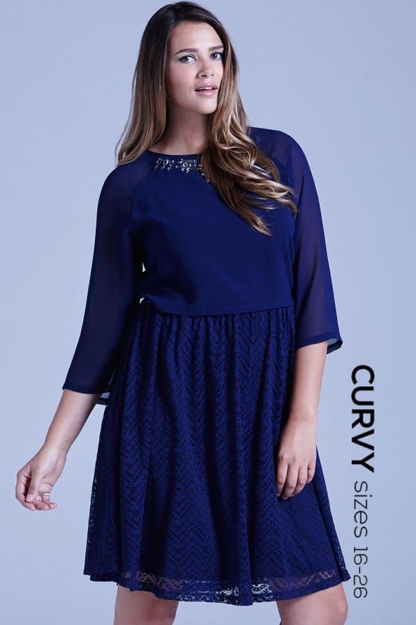 Navy Chiffon and Lace 2 in 1 Embellished Dress s