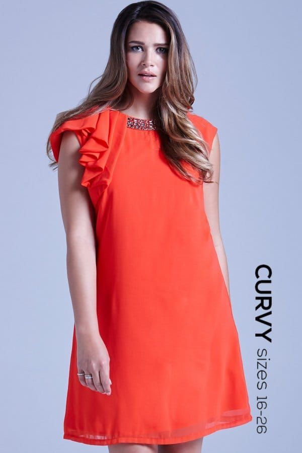 Coral Chiffon Embellished Drape Shoulder Dress s