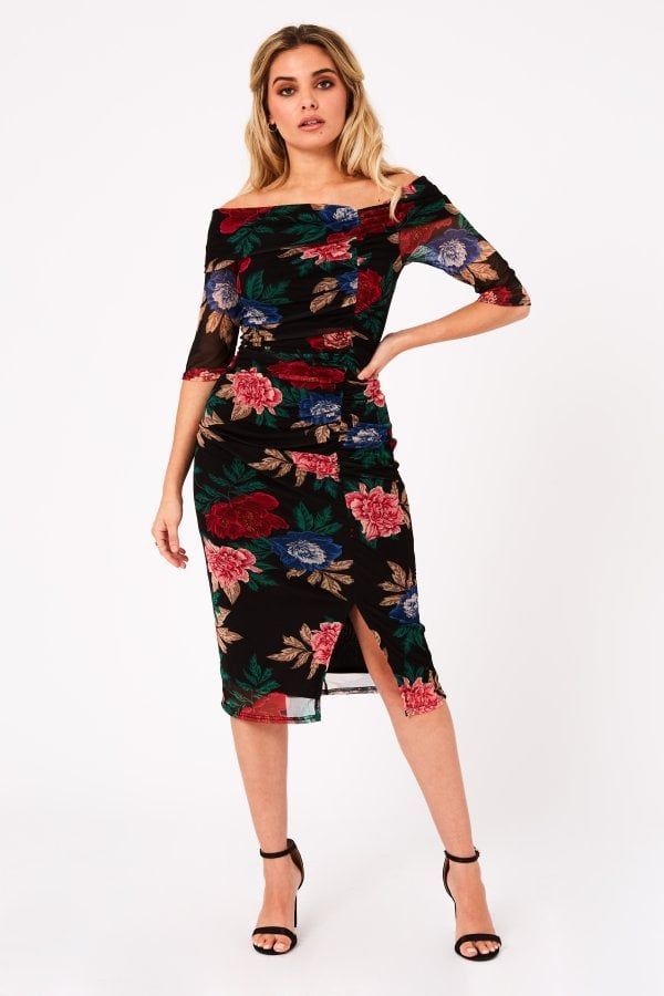 Betsy Black Floral-Print Bardot Midi Dress size: 10 UK,