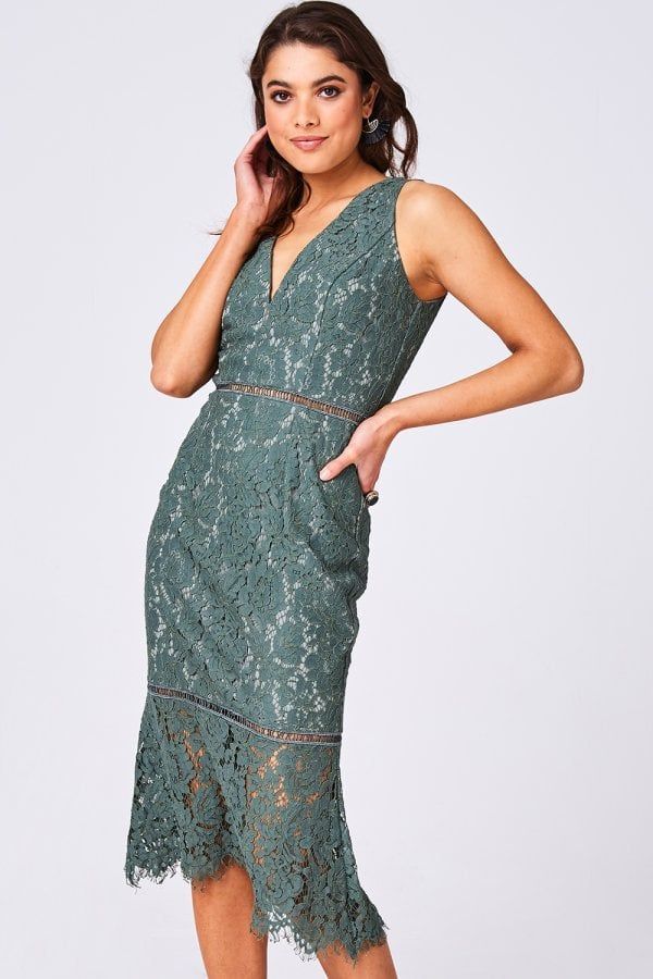Cupid Fern Green Lace Pephem Midi Dress size: 10 UK, col