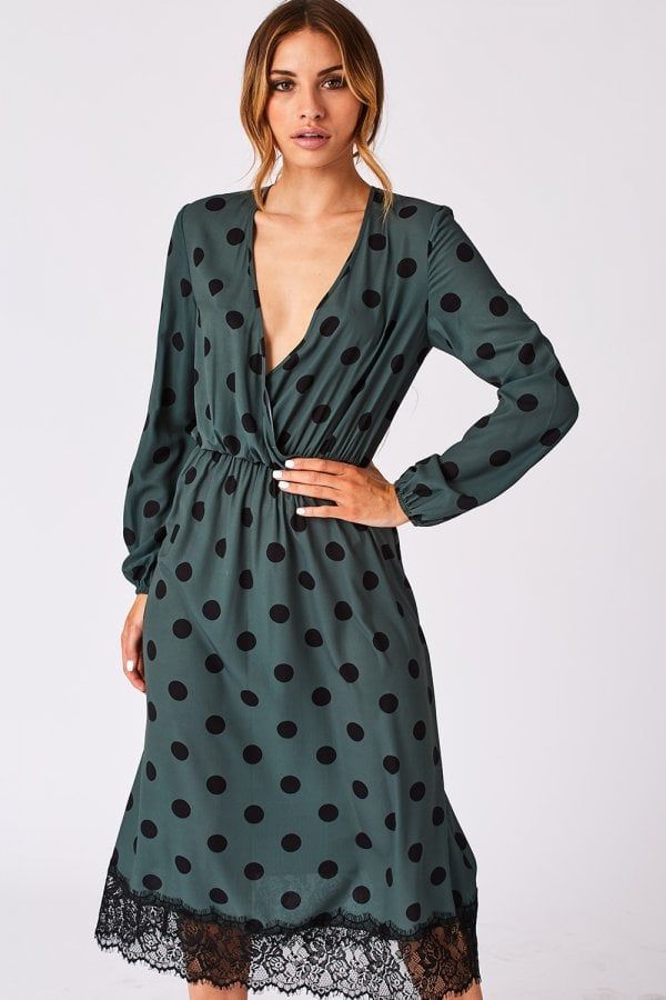Cosset Green Polka-Dot Lace-Trim Midi Dress size: 10 UK,