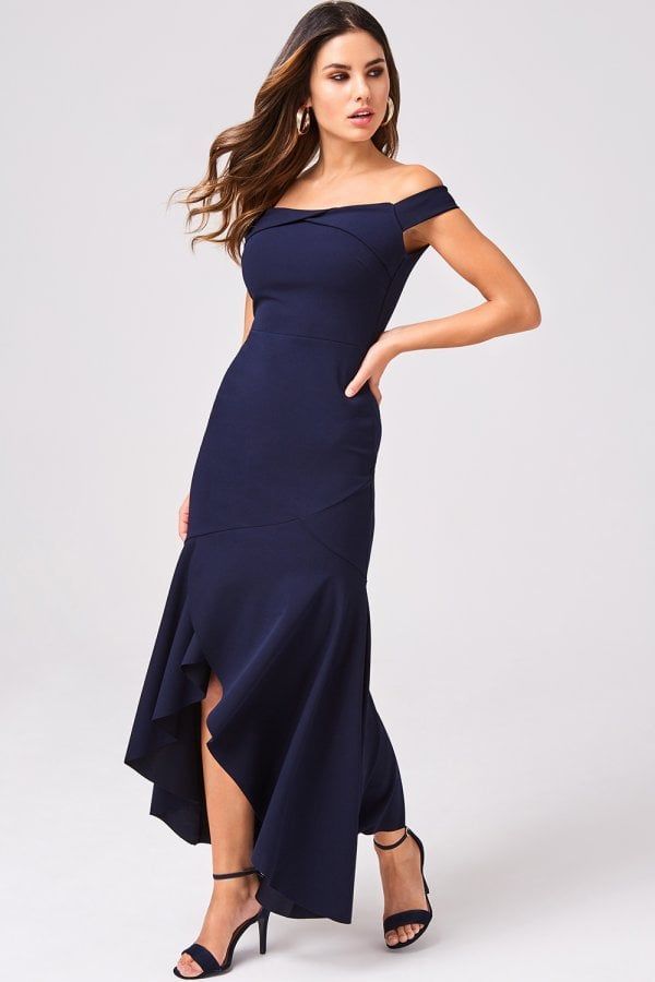 Elate Navy Frill Hem Bardot Maxi Dress size: 10 UK, colo