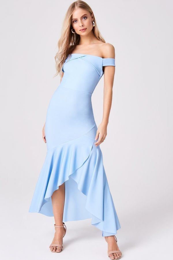 Elate Sky Blue Frill Hem Bardot Maxi Dress size: 10 UK,