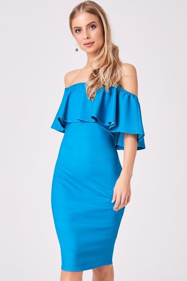 Candice Turquoise Ruffle Bardot Bodycon Dress size: 10 U