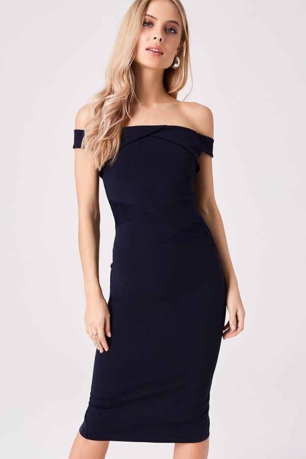 Allure Navy Lace Insert Bardot Midi Dress size: 10 UK, c
