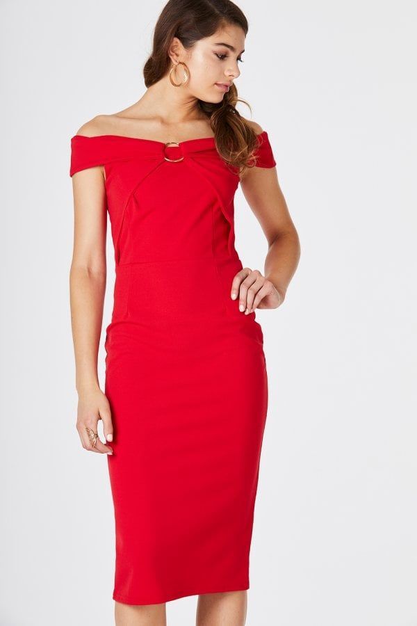 Cosmo Red Bardot Midi Dress size: 10 UK, colour: Red