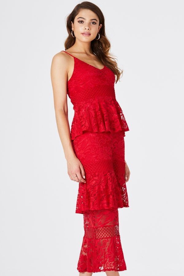 Born Tiered Ruffle Midi Dress size: 10 UK, colour: Red