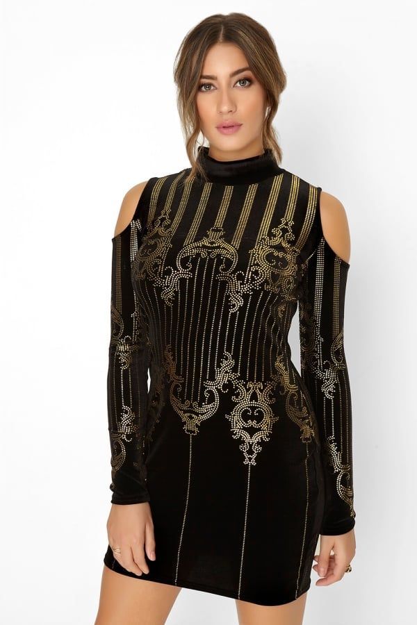 Black Print Dress size: 10 UK, colour: Black / Gold