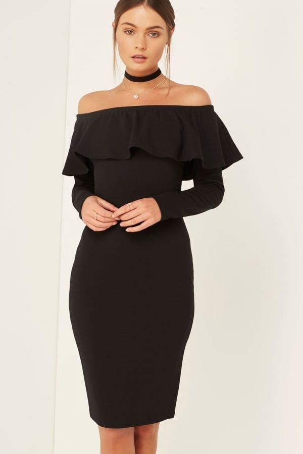 Bardot Ruffle Midi Dress  size: 10 UK, colour: Black